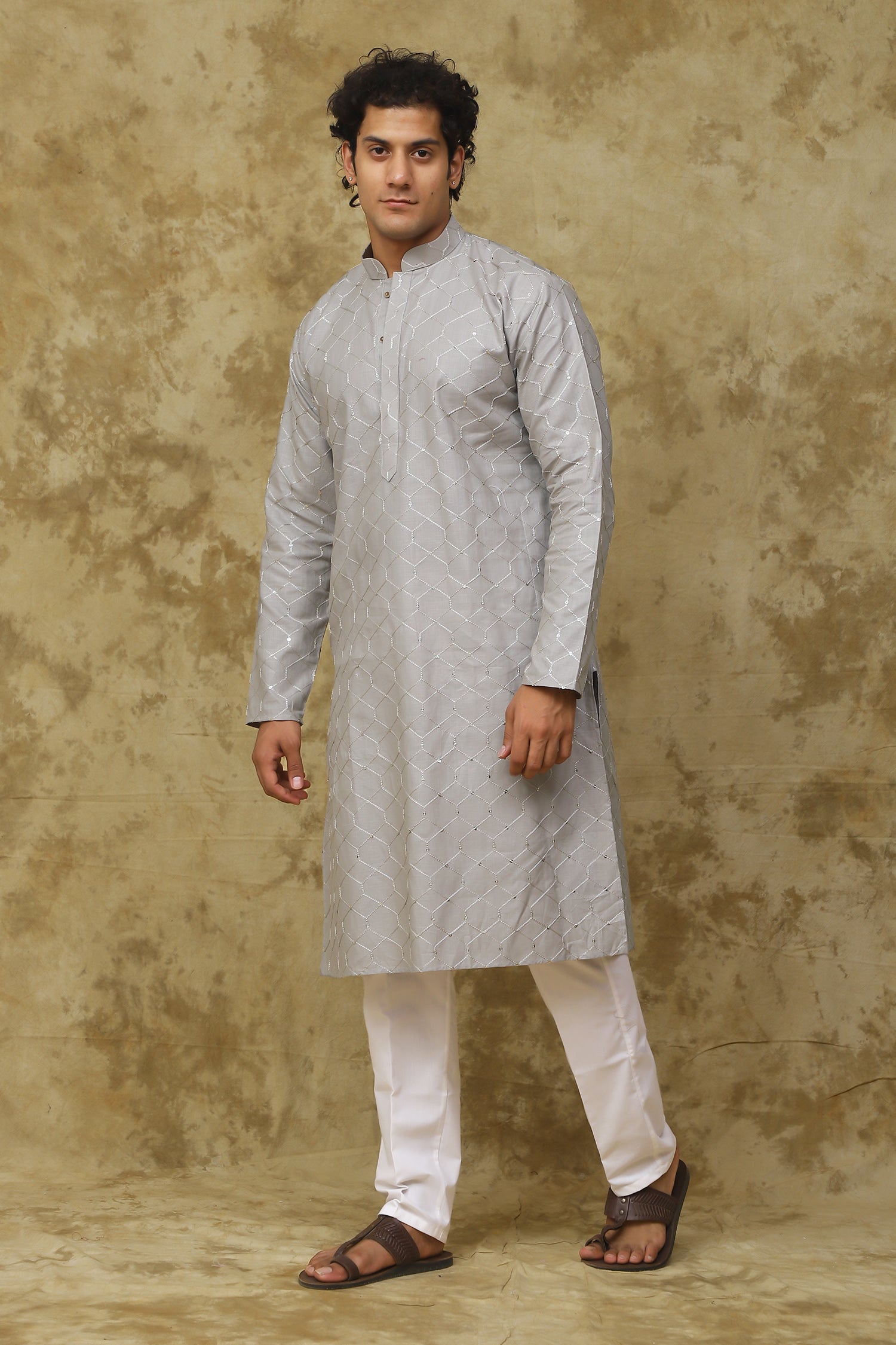 Bluesaanchi Men's Linen Threadwork Kurta Set - Creamy Grey | Swadesiicart