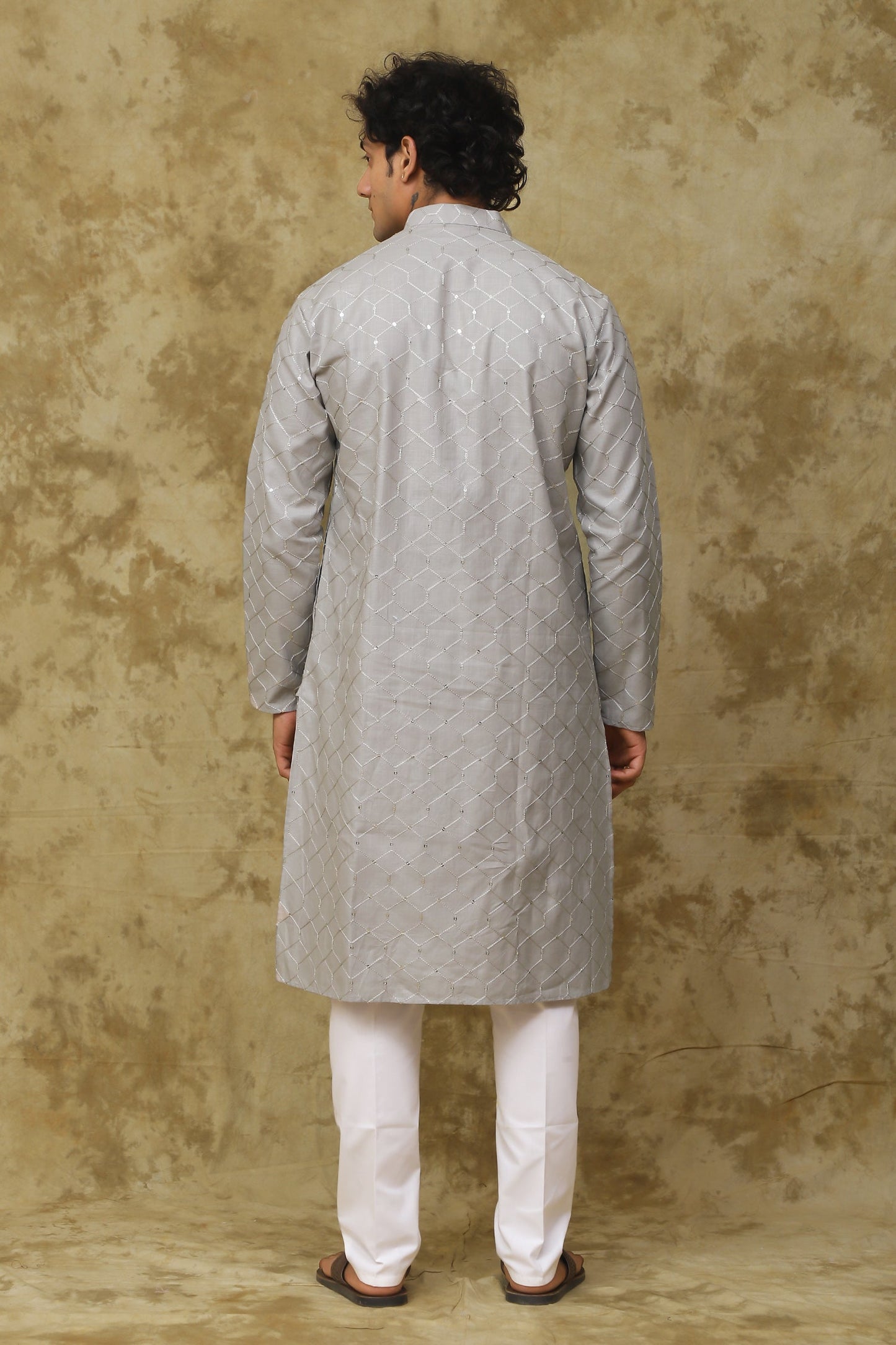 Bluesaanchi Men's Linen Threadwork Kurta Set - Creamy Grey | Swadesiicart