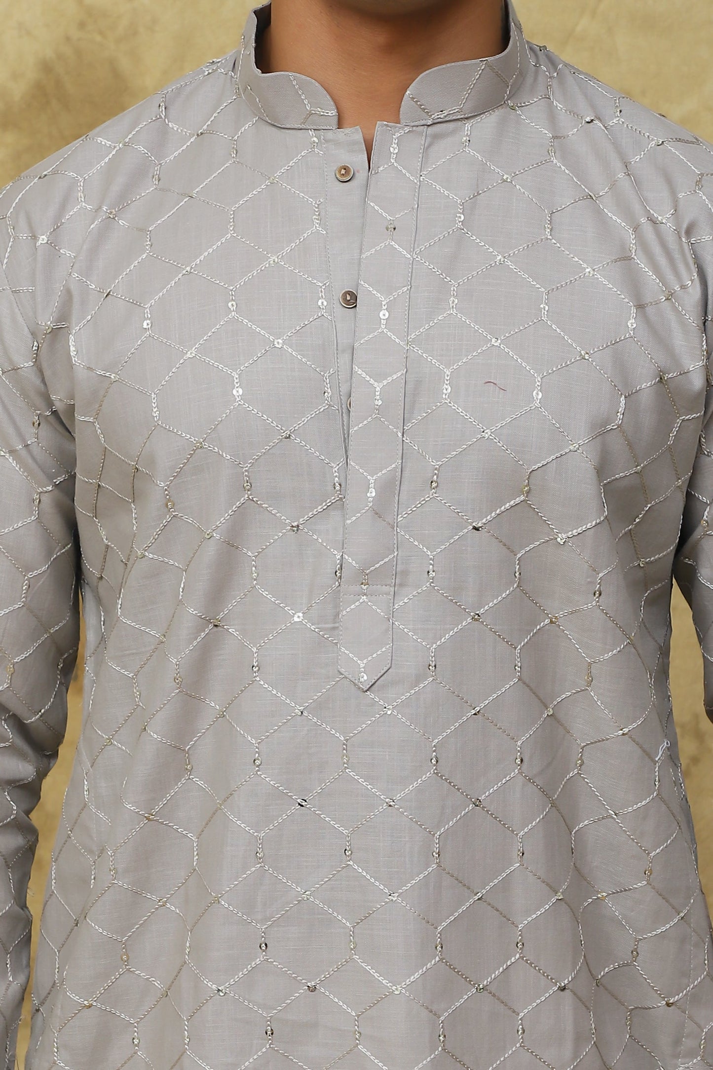 Bluesaanchi Men's Linen Threadwork Kurta Set - Creamy Grey | Swadesiicart
