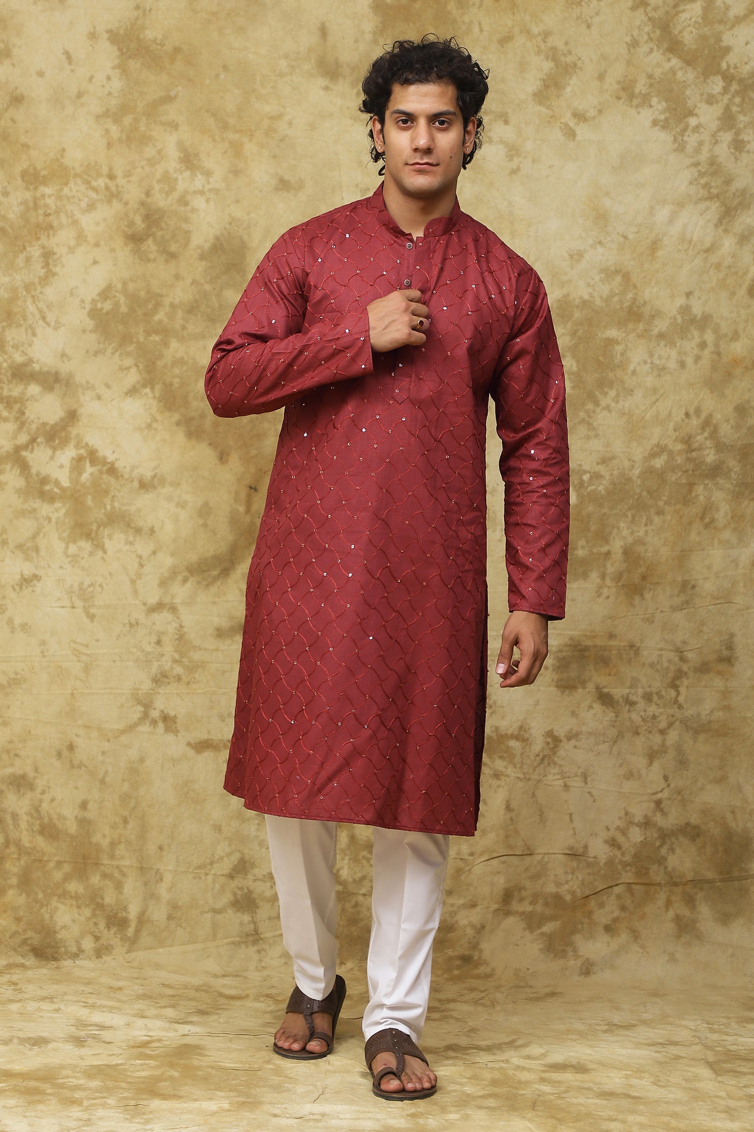 Bluesaanchi Men's Embroidered Kurta Set - Rust | Swadesiicart