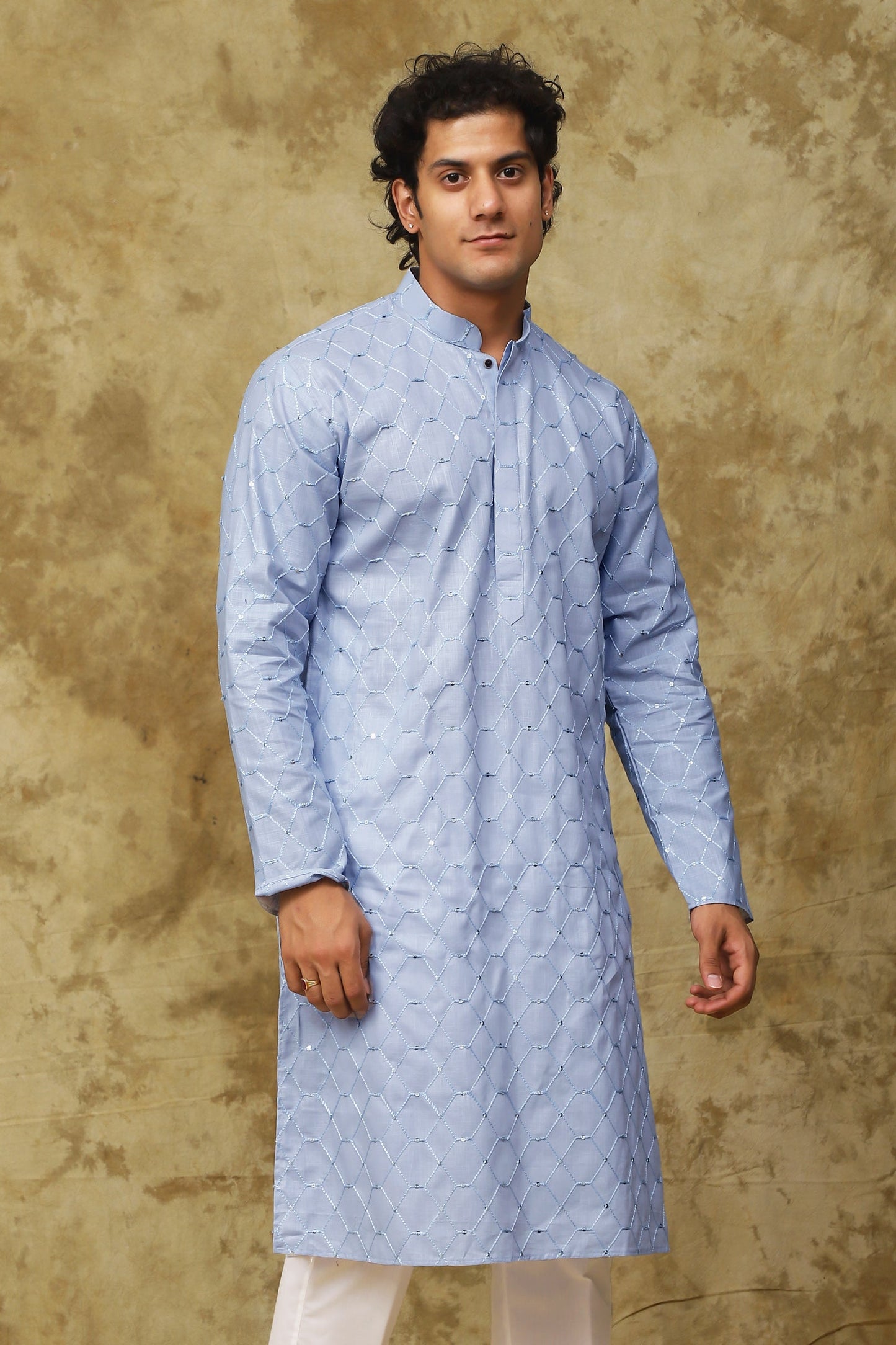 Bluesaanchi Men's Linen Threadwork Kurta Set - Blue | Swadesiicart