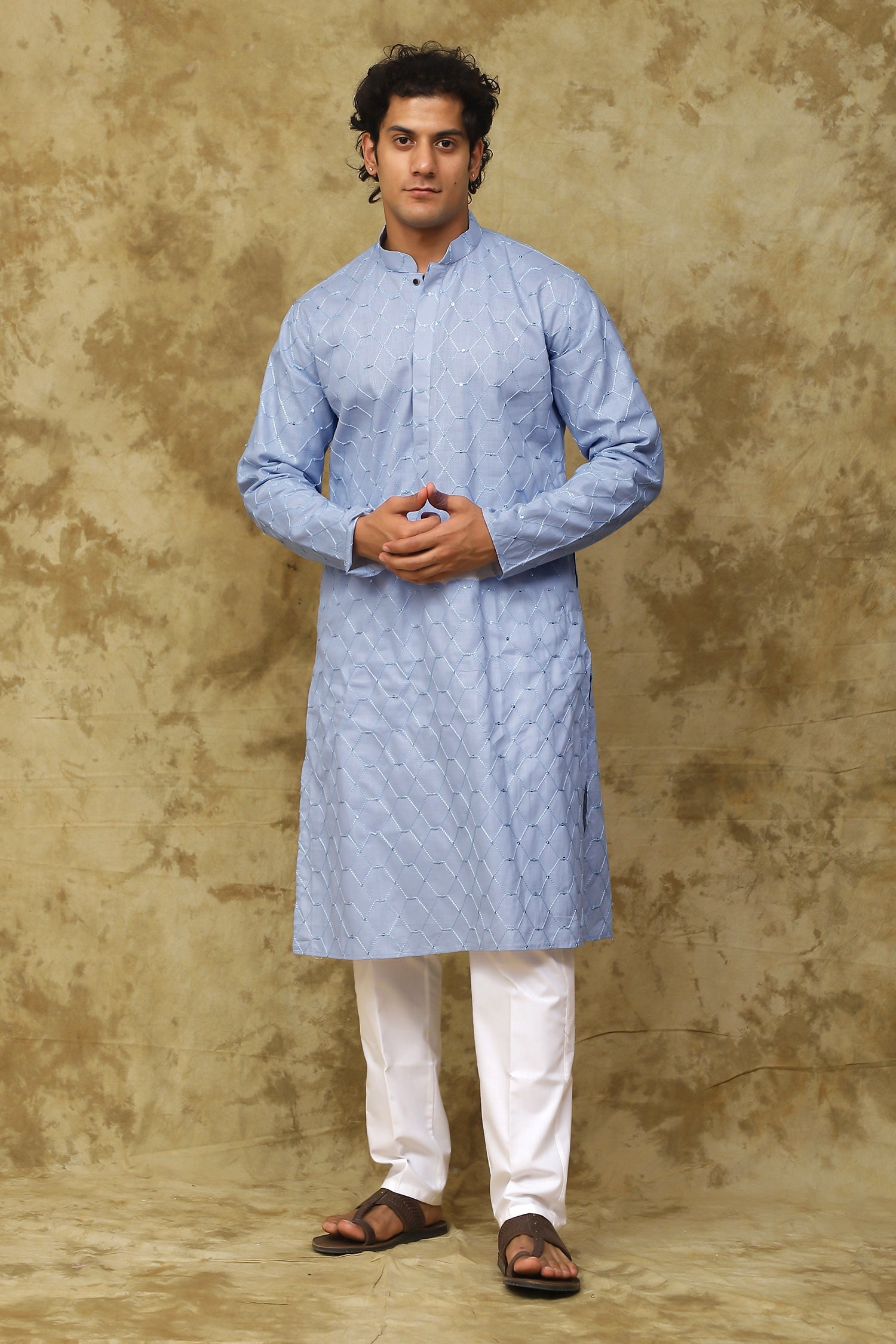 Bluesaanchi Men's Linen Threadwork Kurta Set - Blue | Swadesiicart