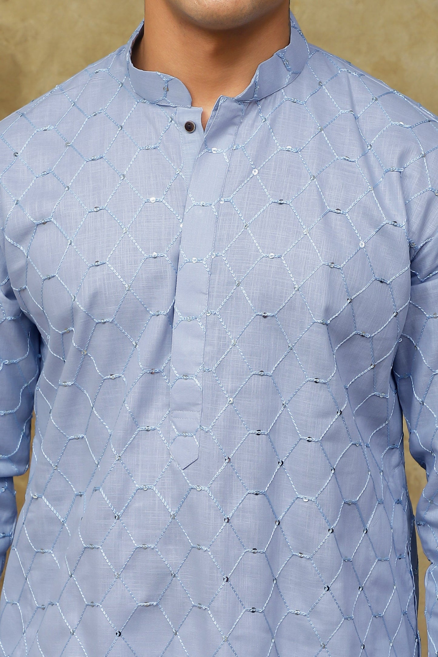 Bluesaanchi Men's Linen Threadwork Kurta Set - Blue | Swadesiicart