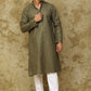Bluesaanchi Men's Linen Threadwork Kurta Set - Dark Mehendi | Swadesiicart