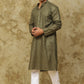 Bluesaanchi Men's Linen Threadwork Kurta Set - Dark Mehendi | Swadesiicart