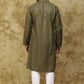 Bluesaanchi Men's Linen Threadwork Kurta Set - Dark Mehendi | Swadesiicart