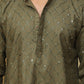 Bluesaanchi Men's Linen Threadwork Kurta Set - Dark Mehendi | Swadesiicart
