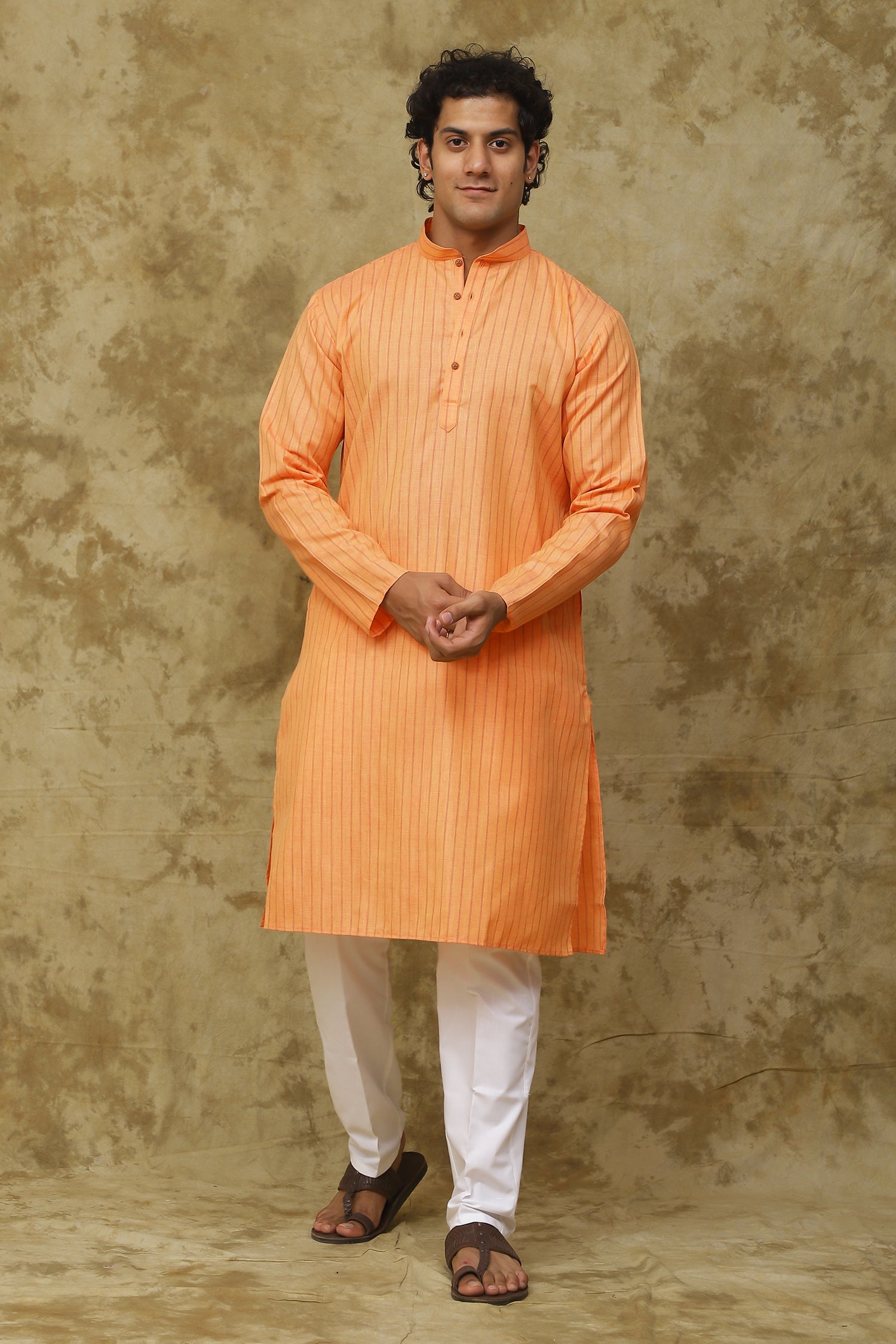 Bluesaanchi Men's Cotton Striped Kurta Set - Orange | Swadesiicart