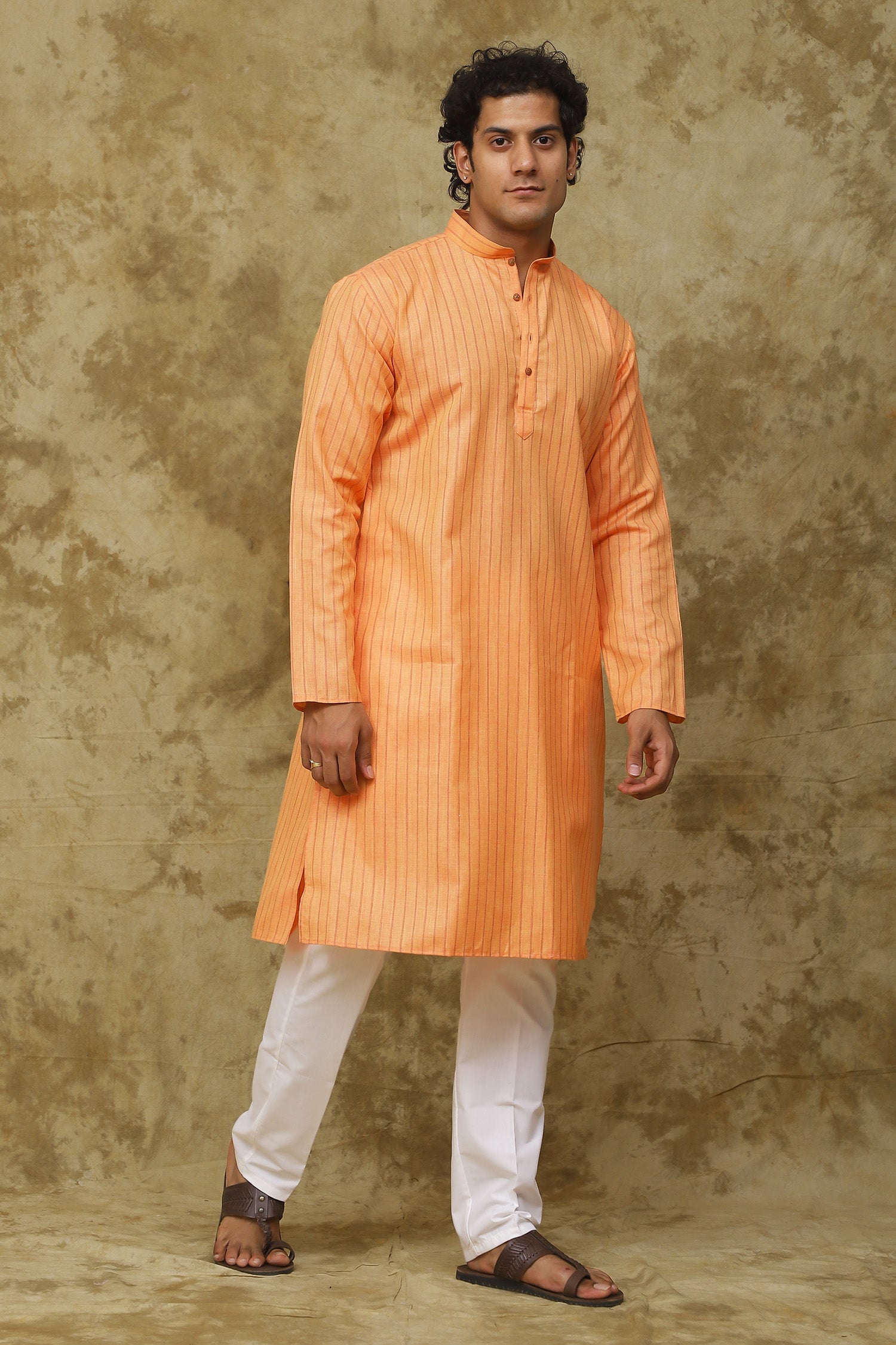 Bluesaanchi Men's Cotton Striped Kurta Set - Orange | Swadesiicart