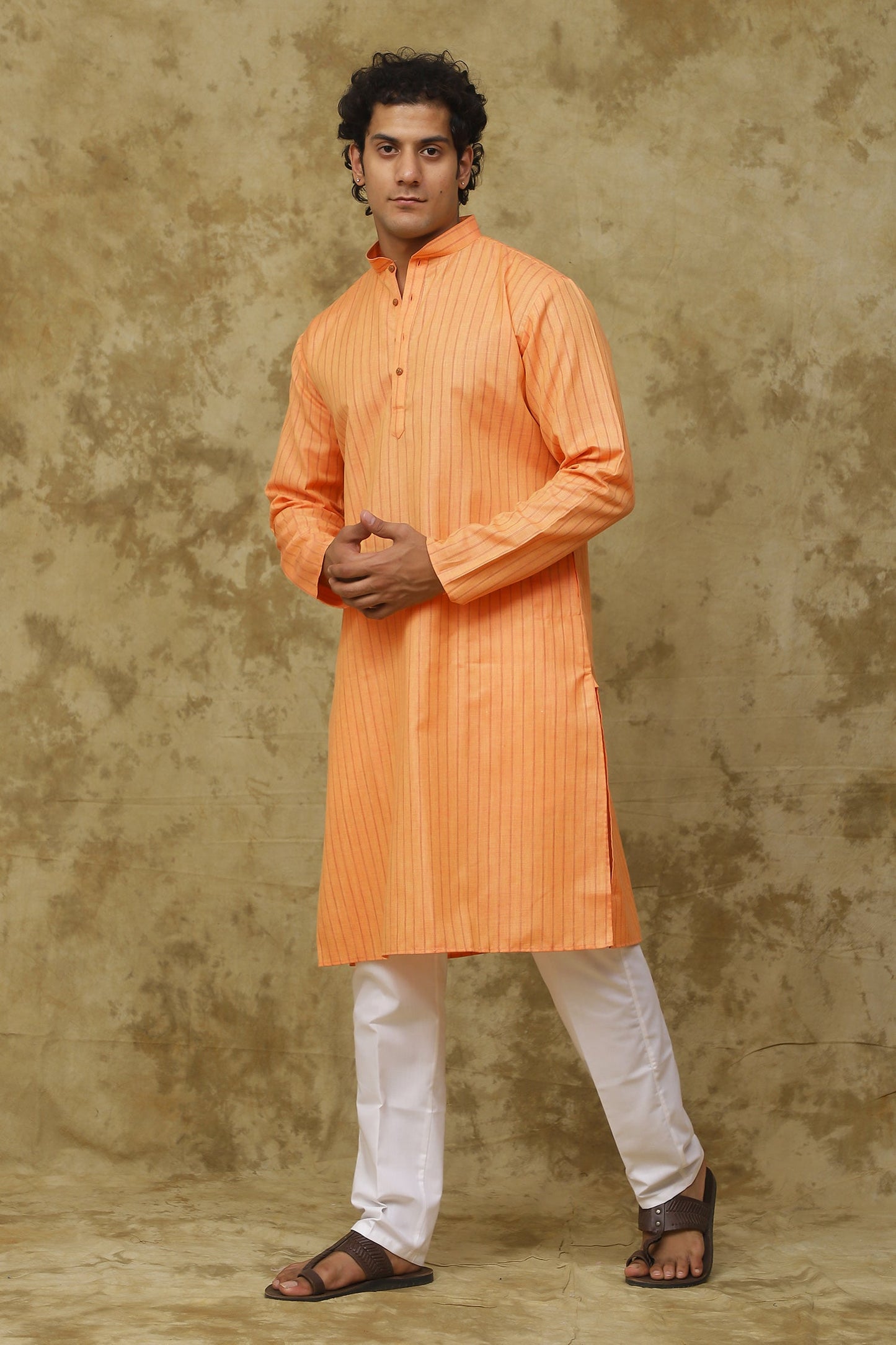Bluesaanchi Men's Cotton Striped Kurta Set - Orange | Swadesiicart
