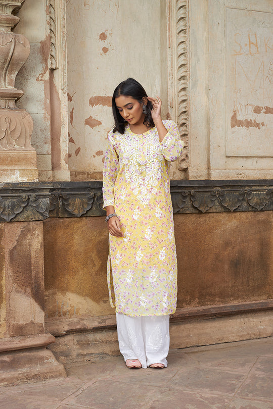 Rangreza Ethnic Eliza Georgette Chikankari Kurta With Inner (Set Of 2) Yellow | Swadesiicart