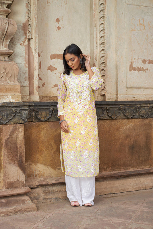 Rangreza Ethnic Eliza Georgette Chikankari Kurta With Inner (Set Of 2) Yellow | Swadesiicart