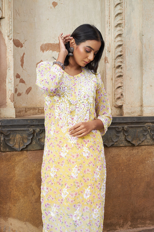 Rangreza Ethnic Eliza Georgette Chikankari Kurta With Inner (Set Of 2) Yellow | Swadesiicart