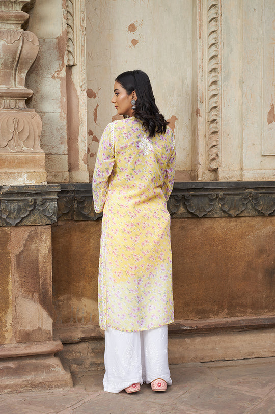 Rangreza Ethnic Eliza Georgette Chikankari Kurta With Inner (Set Of 2) Yellow | Swadesiicart