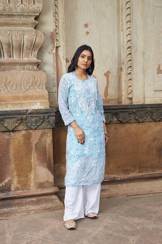Rangreza Ethnic Eliza Georgette Chikankari Kurta With Inner (Set Of 2) Blue | Swadesiicart