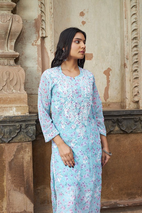 Rangreza Ethnic Eliza Georgette Chikankari Kurta With Inner (Set Of 2) Blue | Swadesiicart