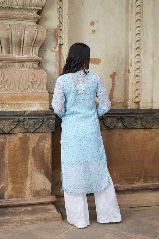Rangreza Ethnic Eliza Georgette Chikankari Kurta With Inner (Set Of 2) Blue | Swadesiicart