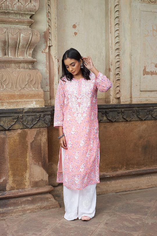 Rangreza Ethnic Eliza Georgette Chikankari Kurta With Inner (Set Of 2) Peach | Swadesiicart