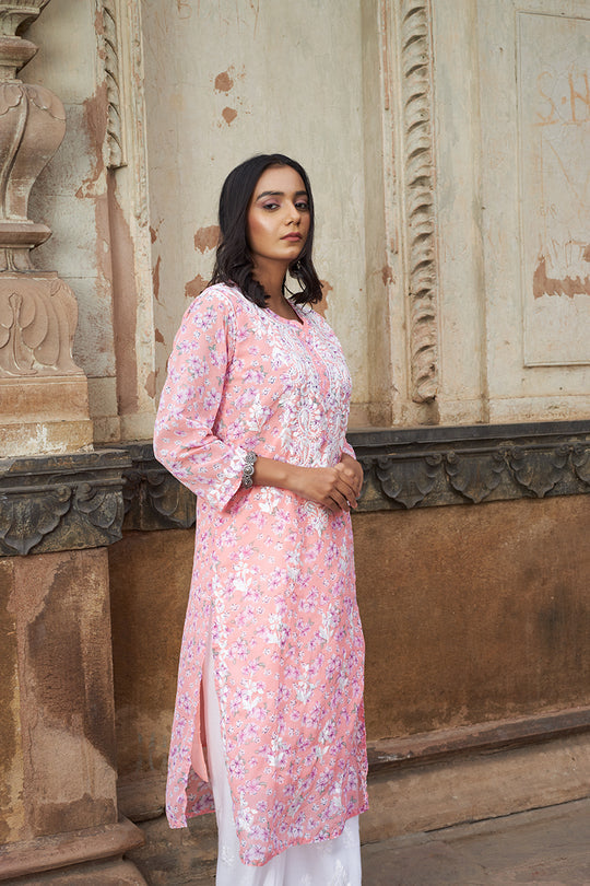 Rangreza Ethnic Eliza Georgette Chikankari Kurta With Inner (Set Of 2) Peach | Swadesiicart