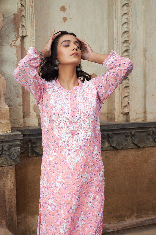 Rangreza Ethnic Eliza Georgette Chikankari Kurta With Inner (Set Of 2) Peach | Swadesiicart