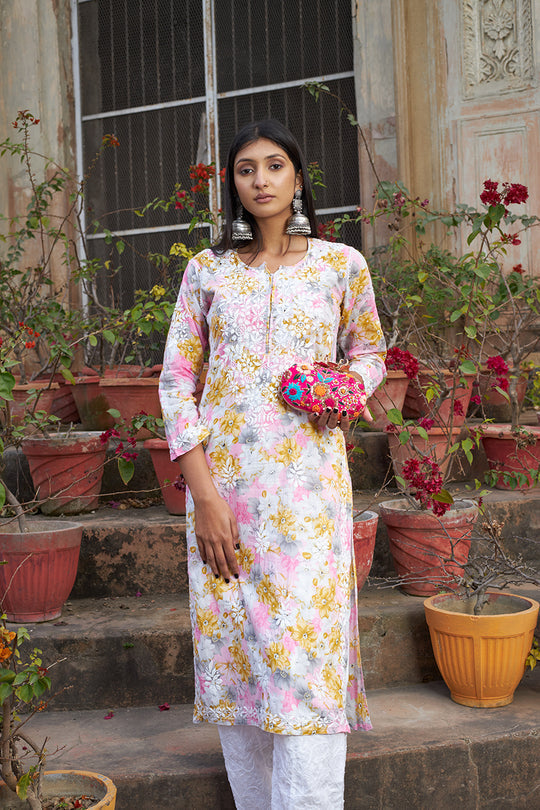 Rangreza Ethnic Leela Mulmul Chikankari Kurta Yellow | Swadesiicart