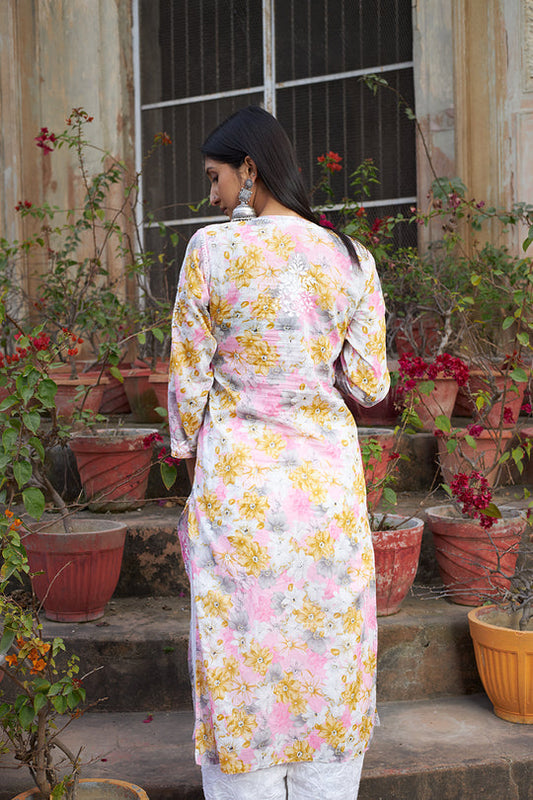 Rangreza Ethnic Leela Mulmul Chikankari Kurta Yellow | Swadesiicart