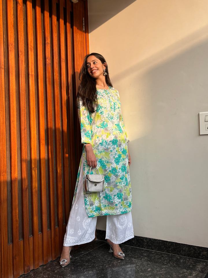 Rangreza Ethnic Leela Mulmul Chikankari Kurta Green | Swadesiicart