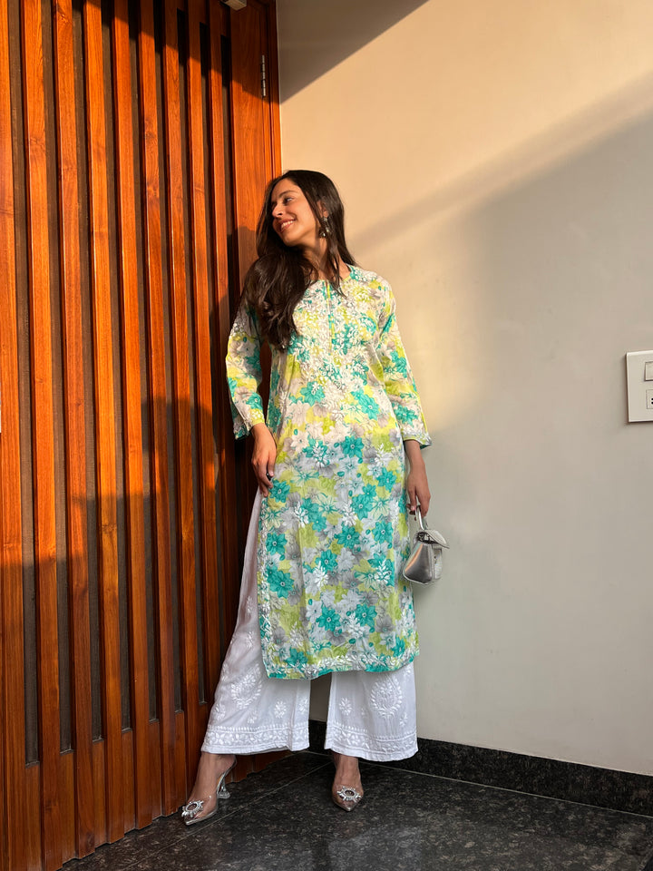 Rangreza Ethnic Leela Mulmul Chikankari Kurta Green | Swadesiicart