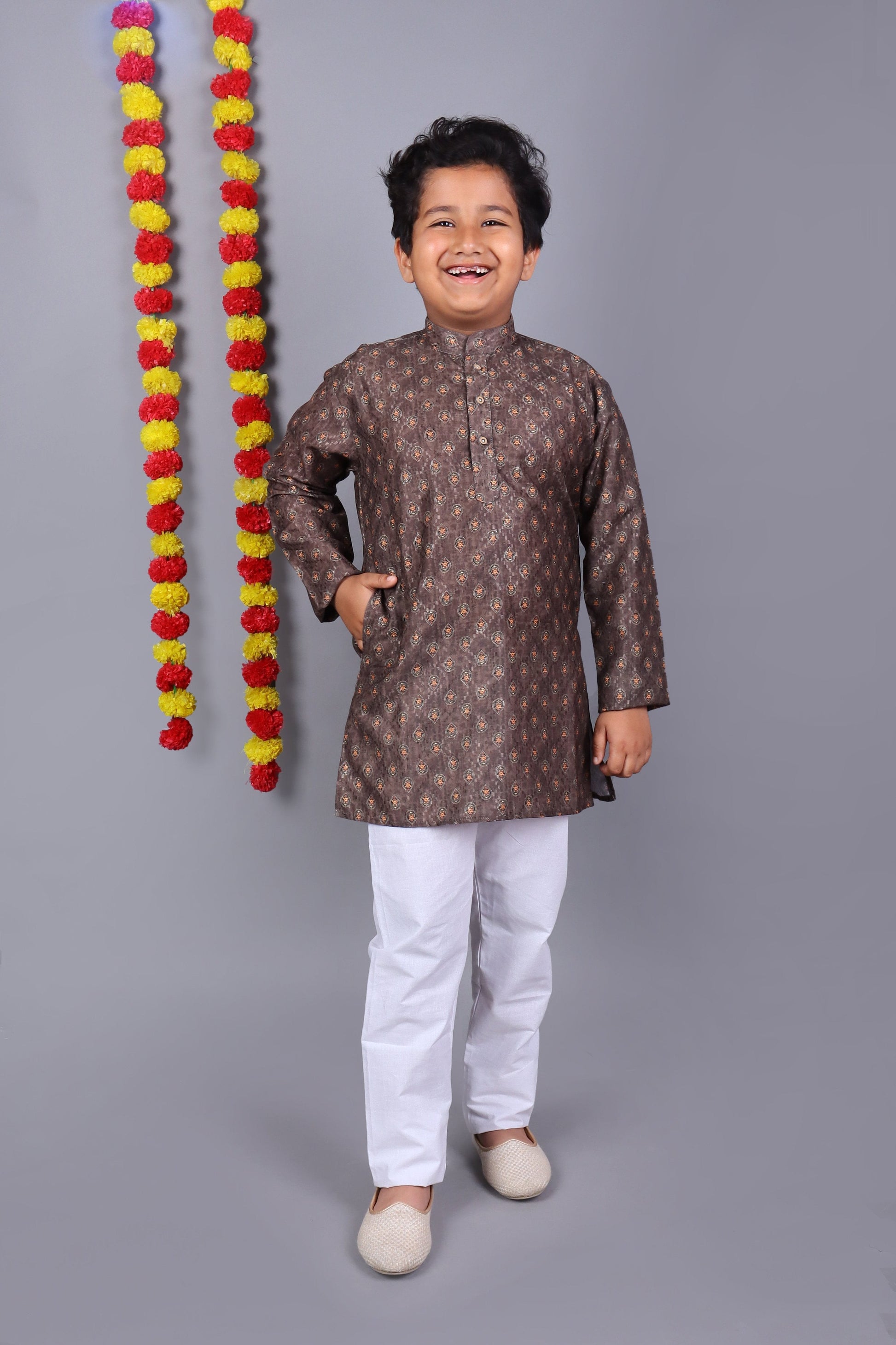 Bluesaanchi Brown Printed Kids Kurta Set – Elegant & Classic | Swadesiicart