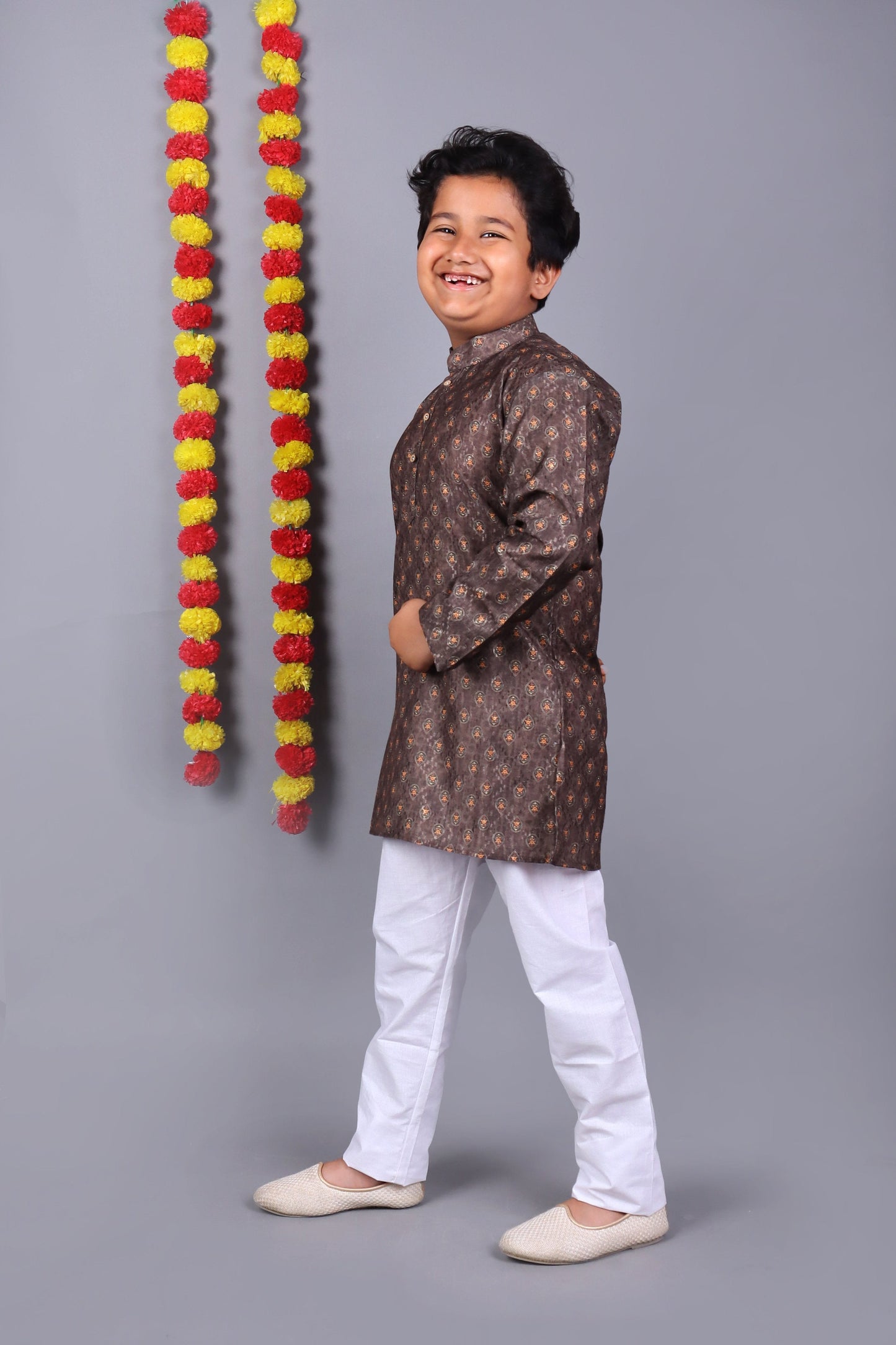 Bluesaanchi Brown Printed Kids Kurta Set – Elegant & Classic | Swadesiicart