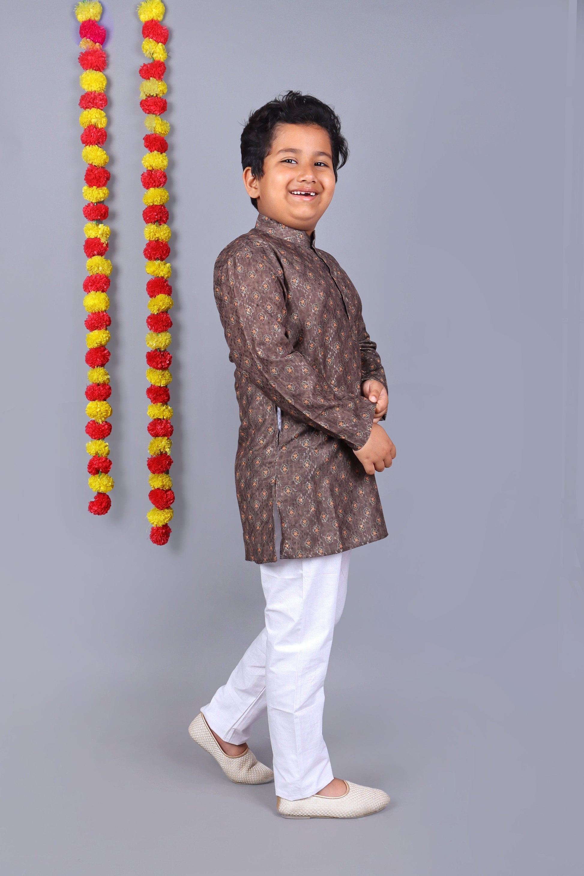 Bluesaanchi Brown Printed Kids Kurta Set – Elegant & Classic | Swadesiicart