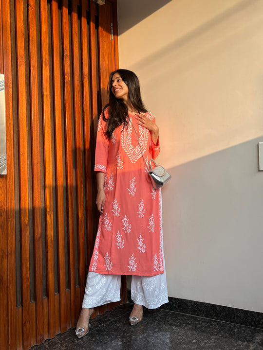 Rangreza Ethnic Liya Chikankari Rayon Kurta Peach | Swadesiicart