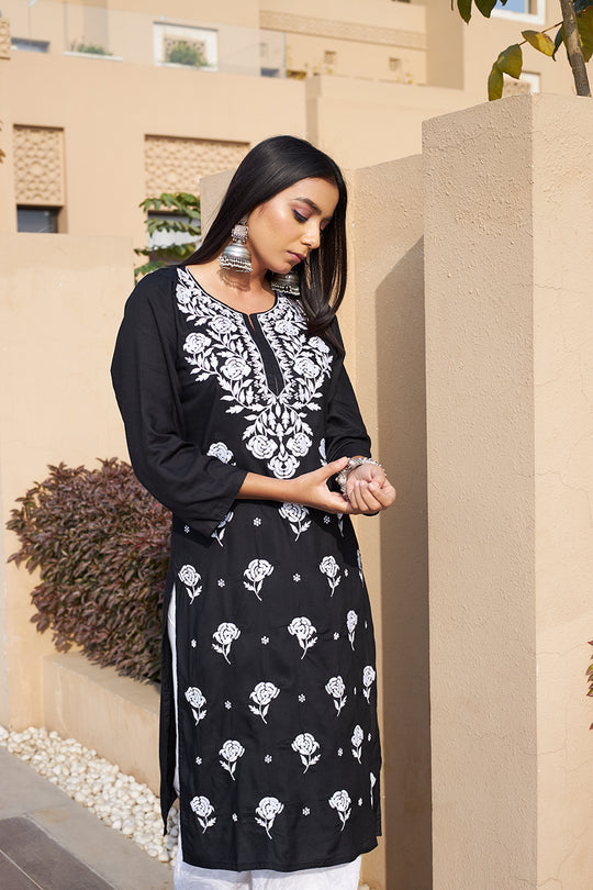 Rangreza Ethnic Chikankari Rayon Kurta Black | Swadesiicart