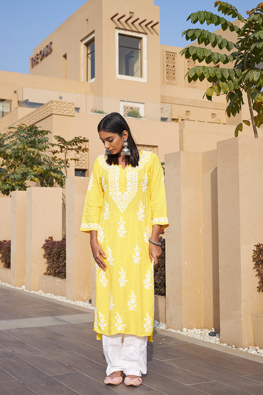 Rangreza Ethnic Liya Chikankari Rayon Kurta Yellow | Swadesiicart
