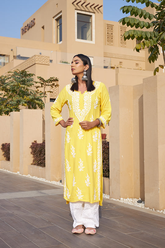 Rangreza Ethnic Liya Chikankari Rayon Kurta Yellow | Swadesiicart