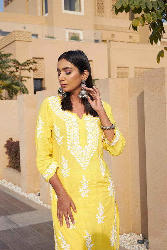 Rangreza Ethnic Liya Chikankari Rayon Kurta Yellow | Swadesiicart