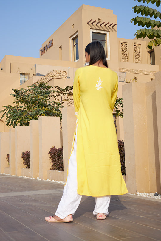 Rangreza Ethnic Liya Chikankari Rayon Kurta Yellow | Swadesiicart