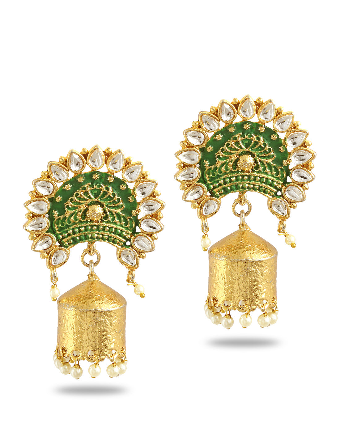 Gold-Polished Alloy Brass Blue Golden Jhumki Earrings - The Pari - The Pari - Dinesh Associates
