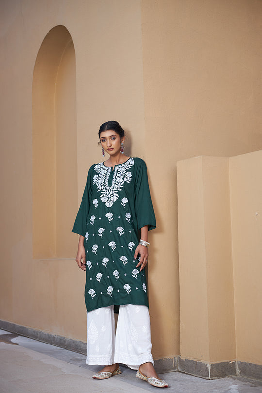Rangreza Ethnic Chikankari Rayon Kurta Green | Swadesiicart
