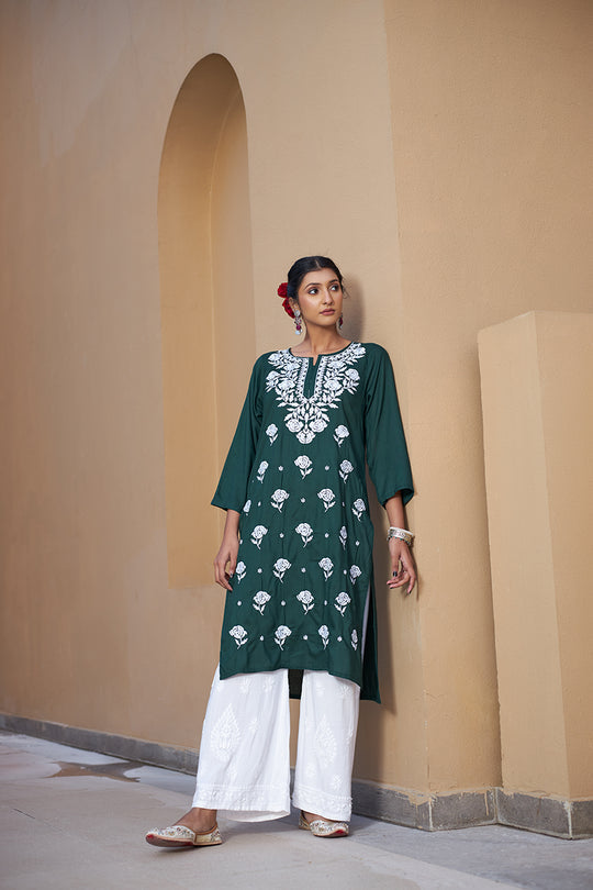 Rangreza Ethnic Chikankari Rayon Kurta Green | Swadesiicart