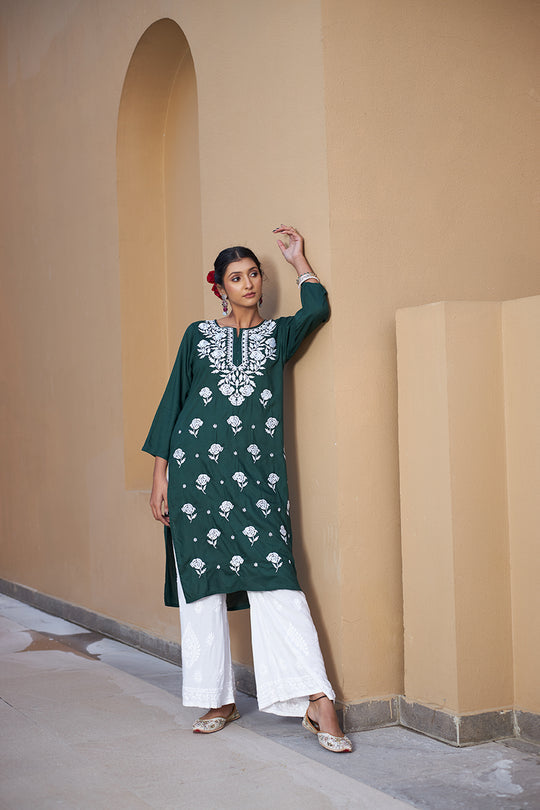 Rangreza Ethnic Chikankari Rayon Kurta Green | Swadesiicart