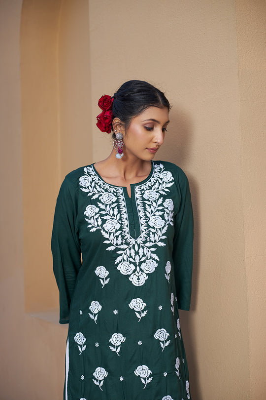 Rangreza Ethnic Chikankari Rayon Kurta Green | Swadesiicart