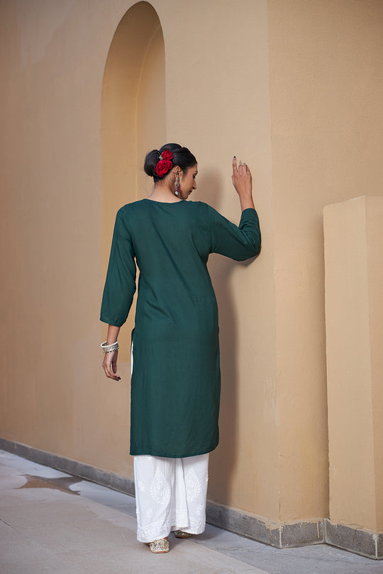 Rangreza Ethnic Chikankari Rayon Kurta Green | Swadesiicart