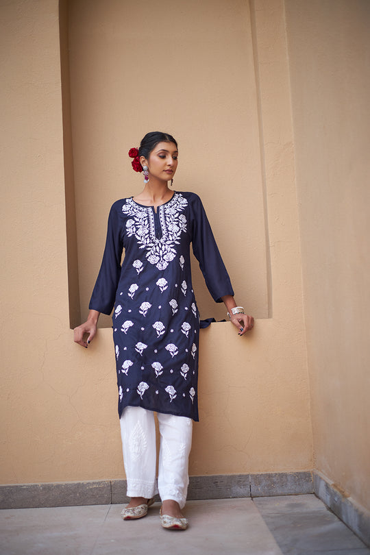 Rangreza Ethnic Chikankari Rayon Kurta Blue | Swadesiicart