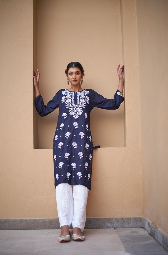 Rangreza Ethnic Chikankari Rayon Kurta Blue | Swadesiicart