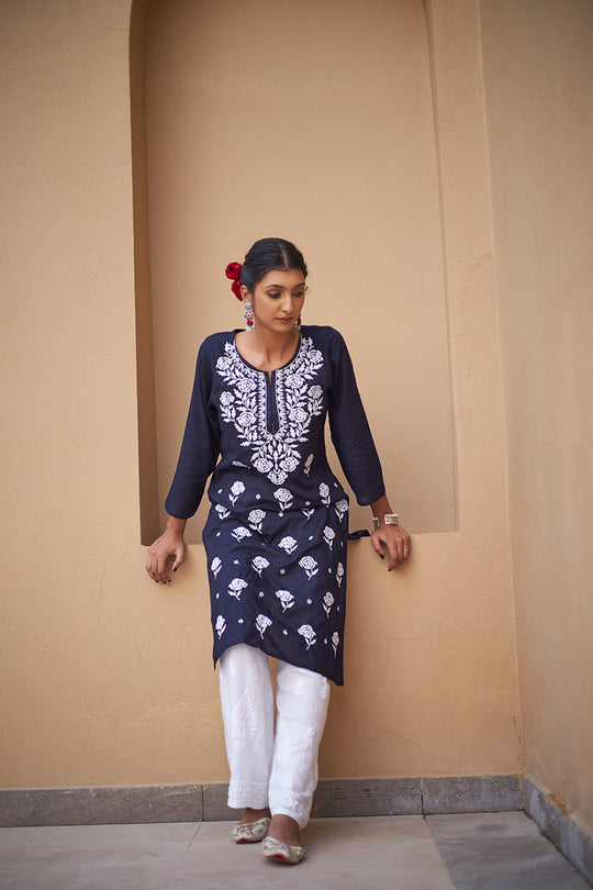 Rangreza Ethnic Chikankari Rayon Kurta Blue | Swadesiicart