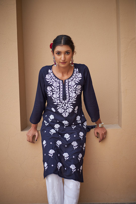 Rangreza Ethnic Chikankari Rayon Kurta Blue | Swadesiicart