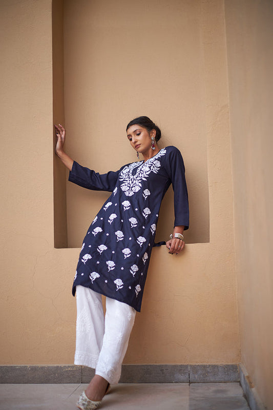 Rangreza Ethnic Chikankari Rayon Kurta Blue | Swadesiicart