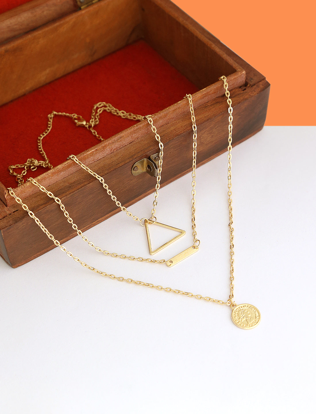 Gold-Polished Alloy Triangle & Coin Charm Necklace - The Pari | Swadesiicart
