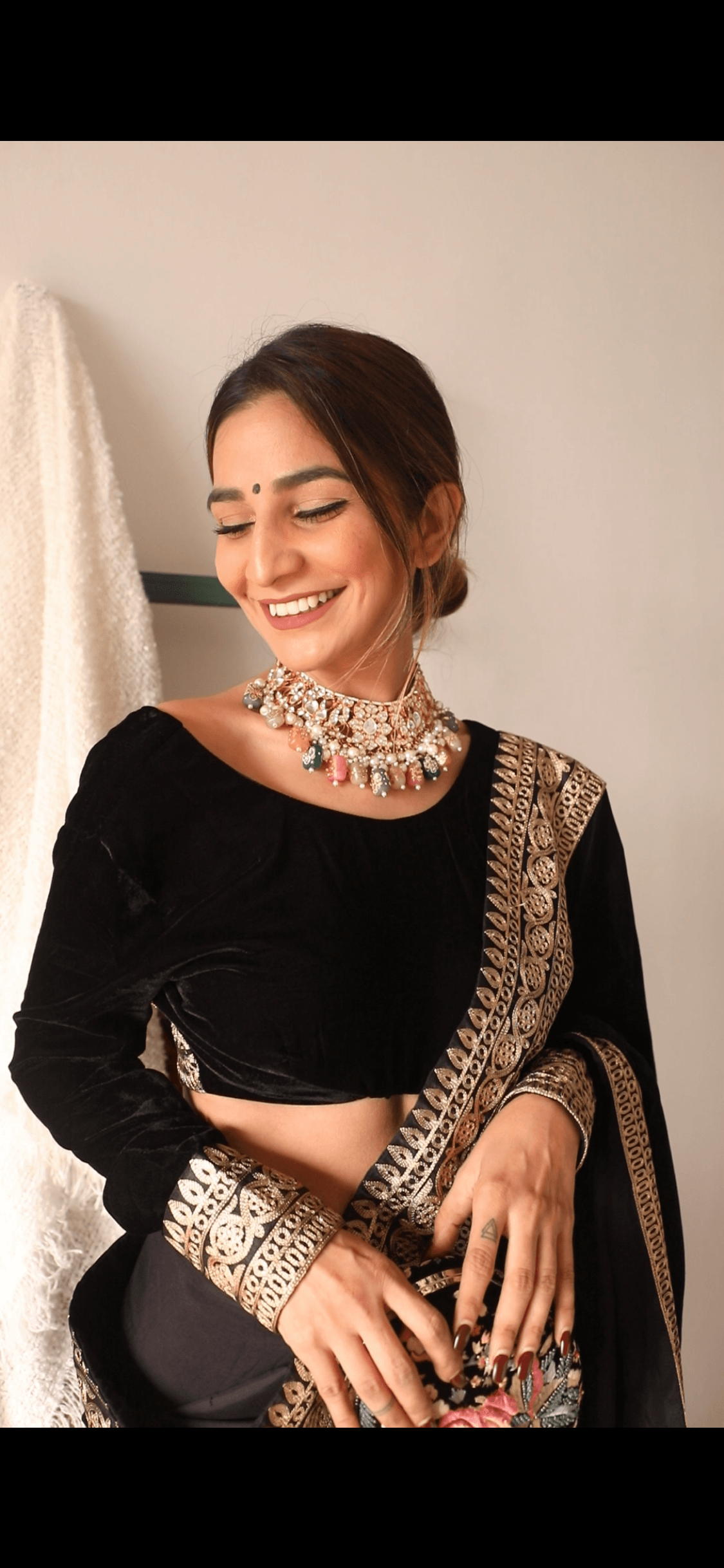 trueBrowns Black Velvet Embroidered Lace Blouse | Swadesiicart
